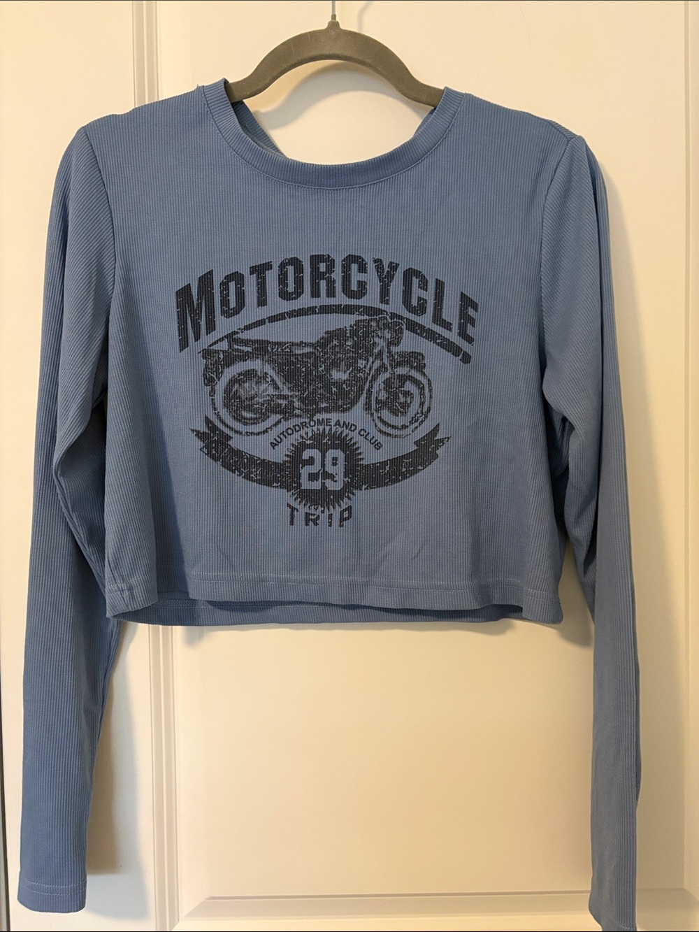 Motorcycle Graphic Long-Sleeve Cropped Top - Blue